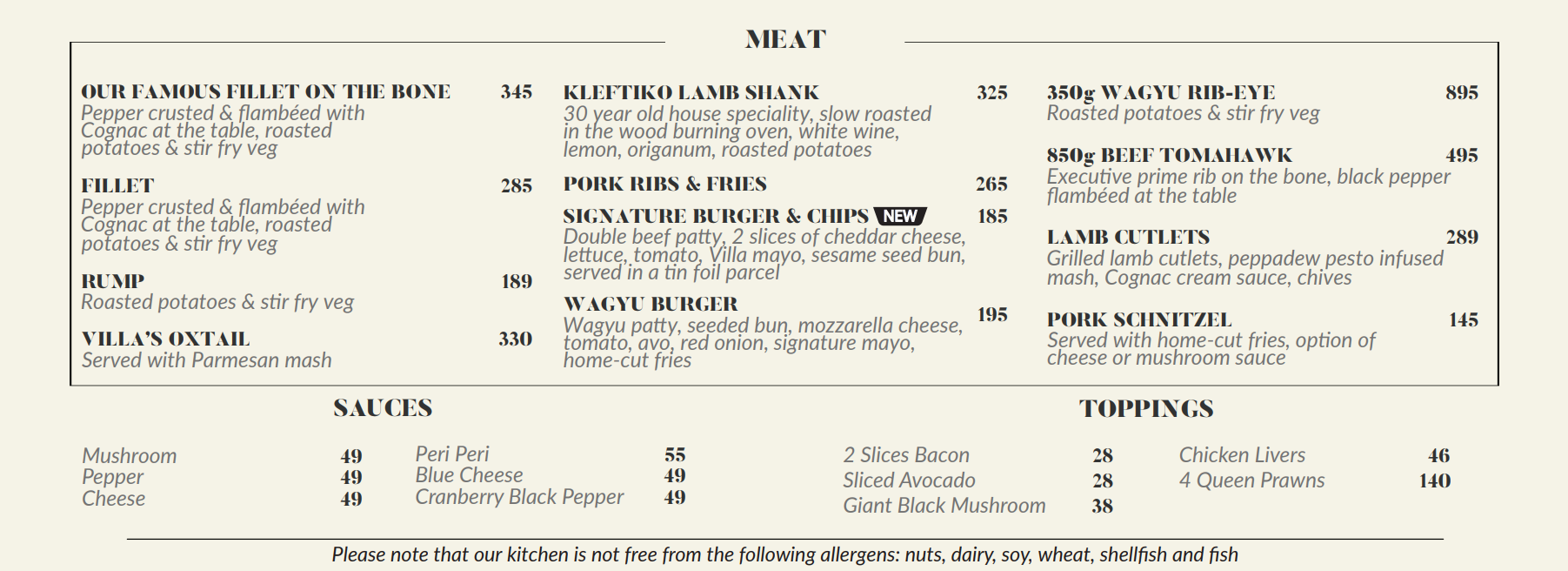 Villa Bianca Meat Menu