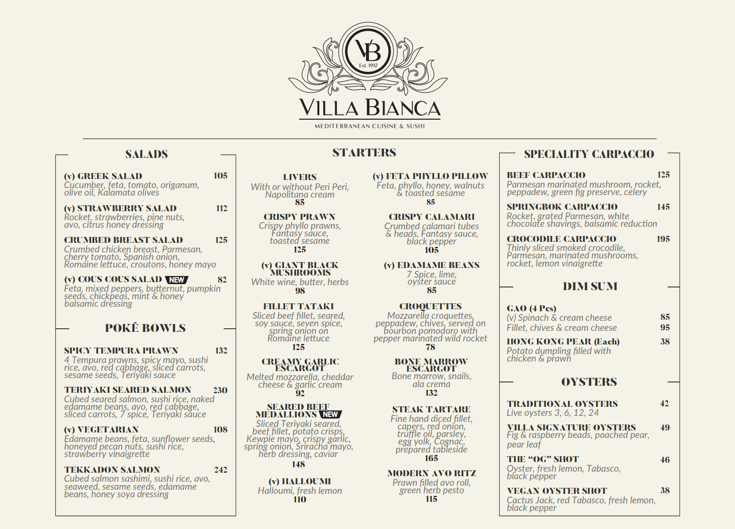 Villa Bianca Menu South Africa