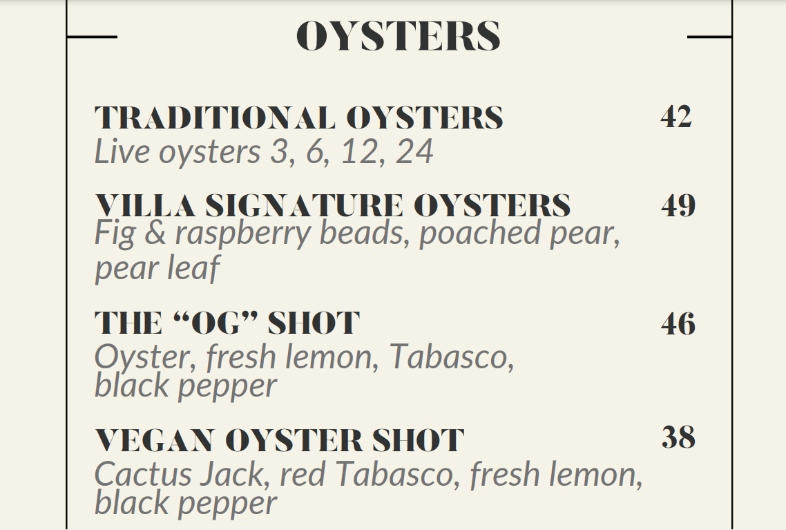 Villa Bianca Oysters Menu