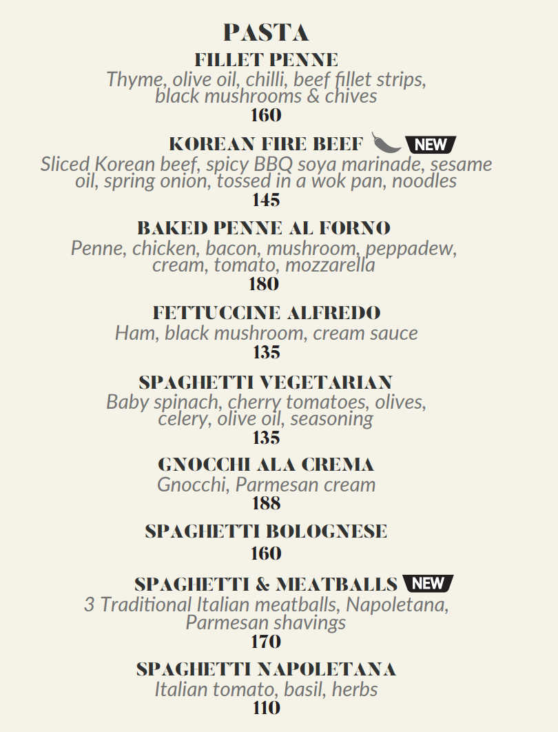 Villa Bianca Pasta Menu