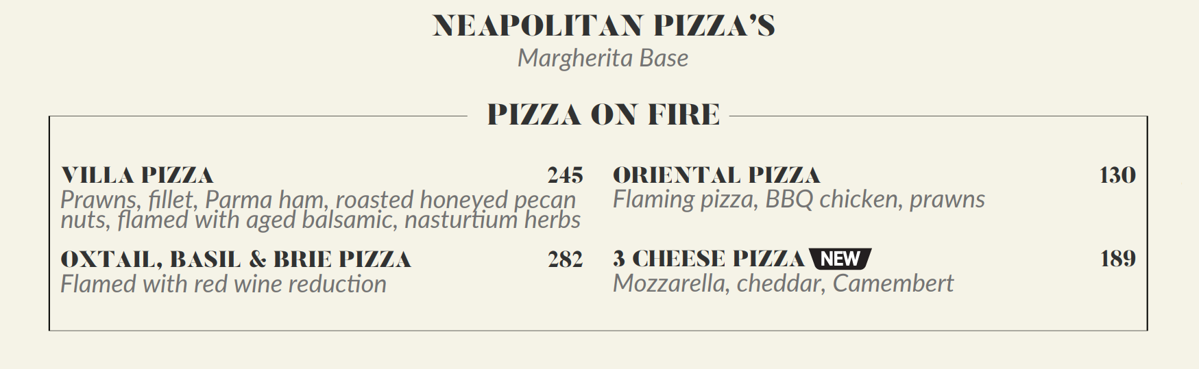 Villa Bianca Pizza on Fire Menu