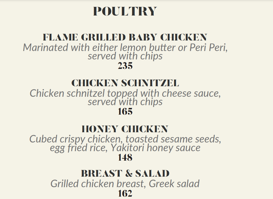 Villa Bianca Poultry Menu