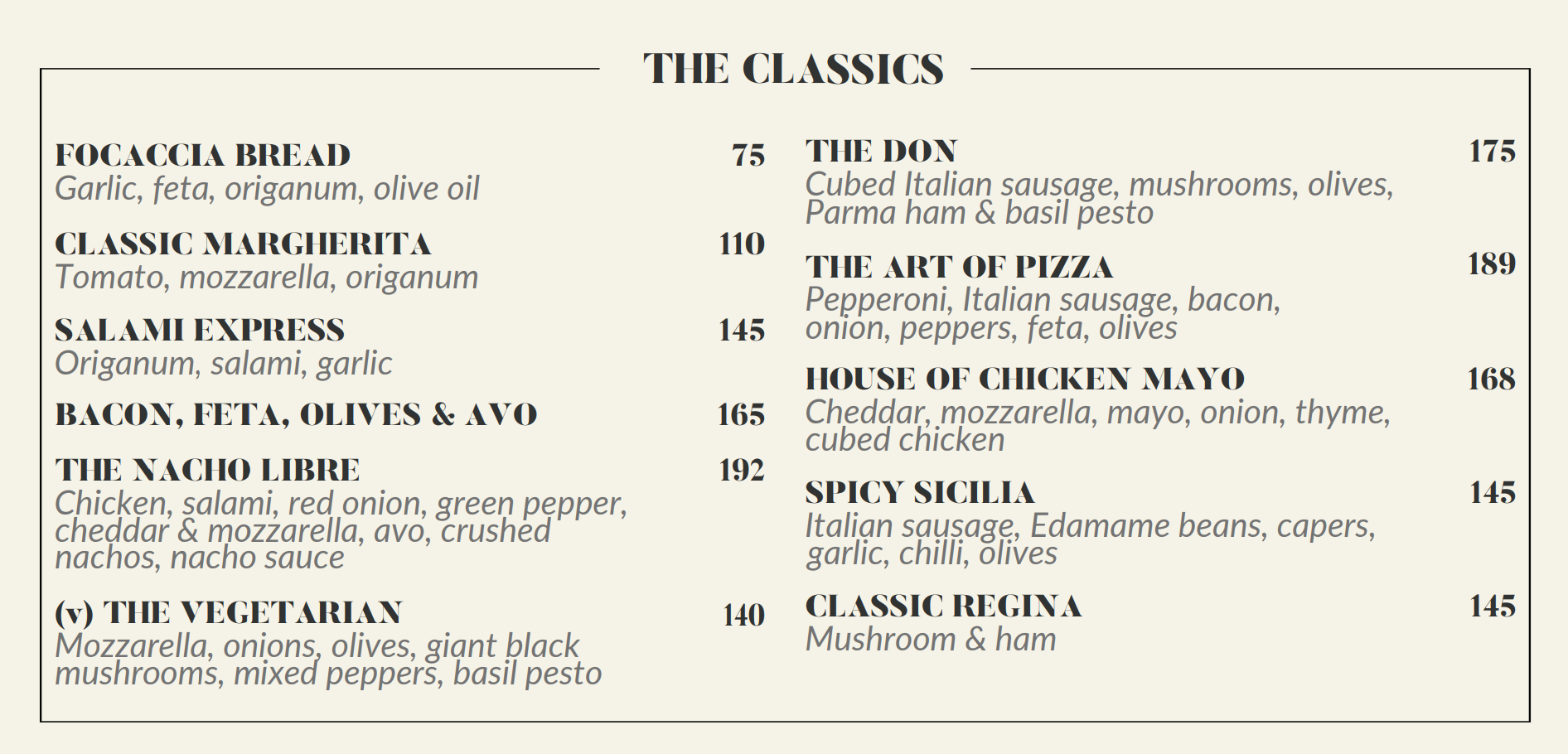 Villa Bianca The Classics Menu