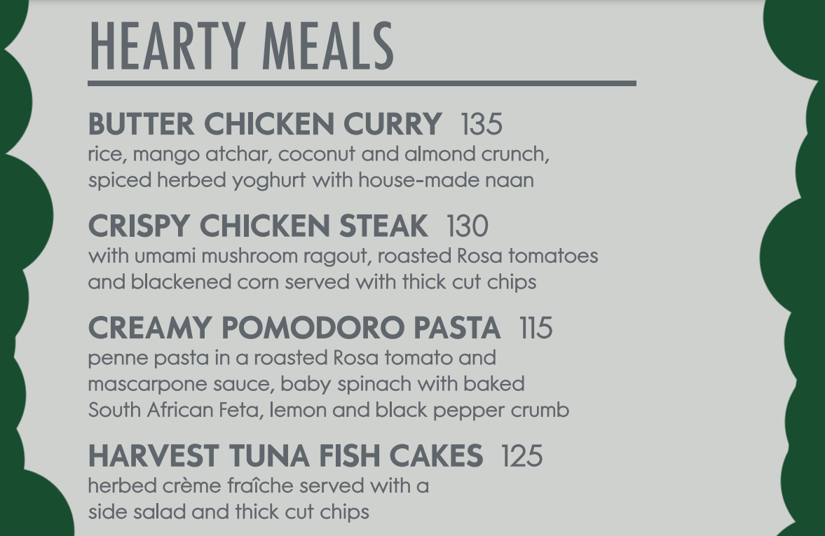 Woolworths Cafe Hearty Meals Menu