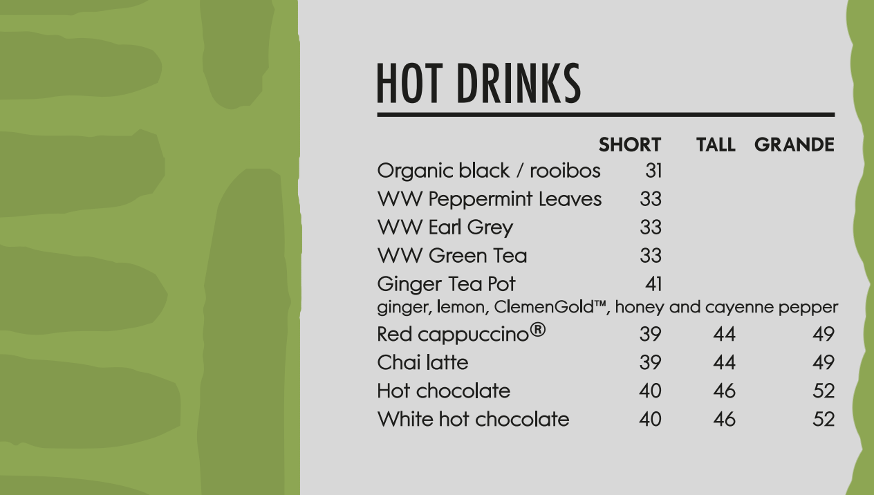 Woolworths Cafe Hot Beverages Menu