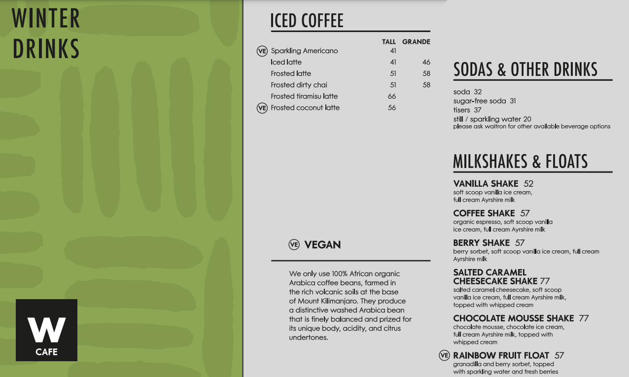 Woolworths Cafe Iced Drinks Menu