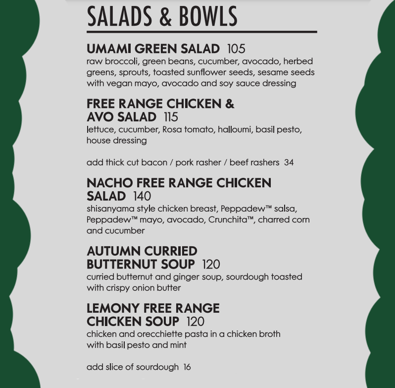 Woolworths Cafe Salads Menu