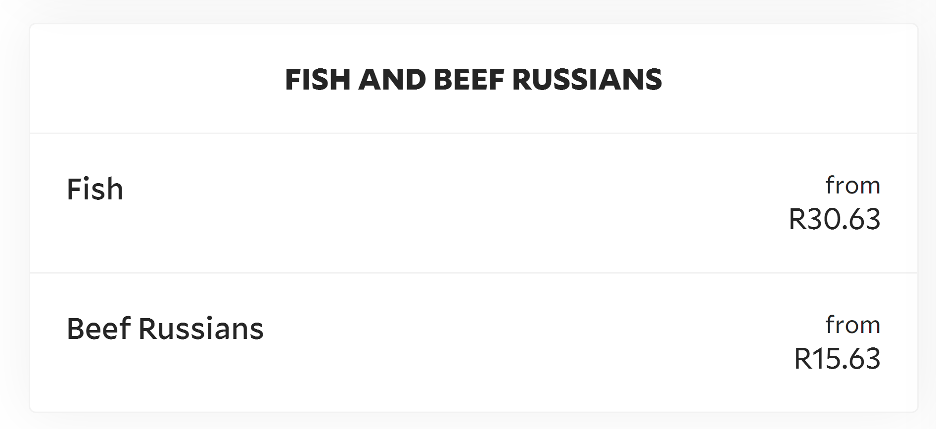 Chippos Fish and Beef Russians Menu 