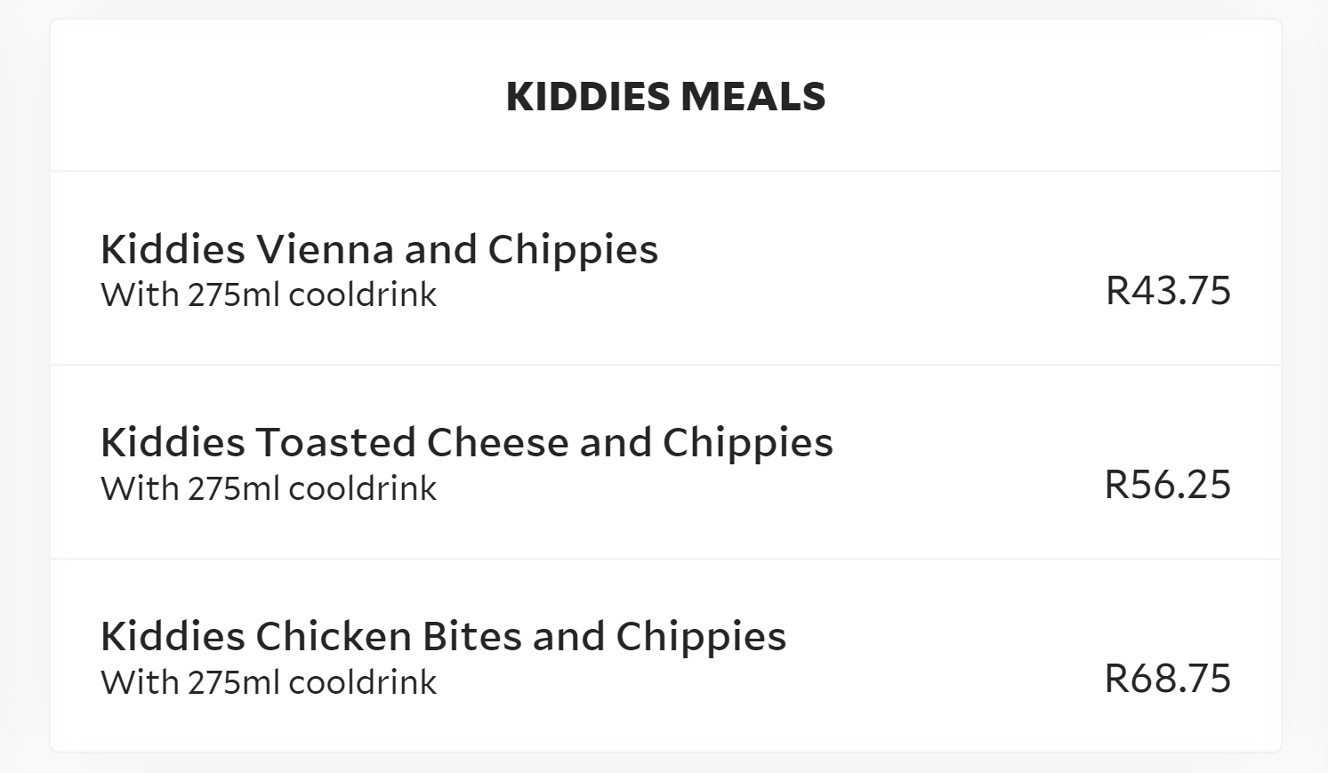 Chippos Kiddies Meals Menu 