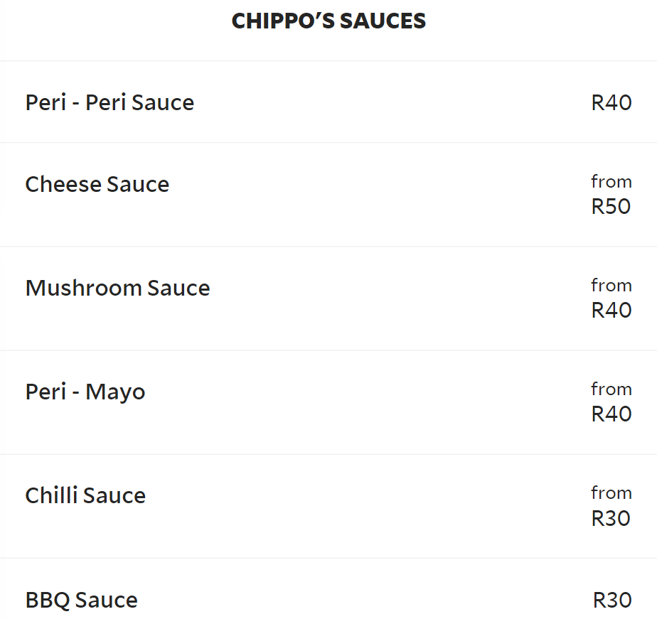 Chippos Sauces Menu 