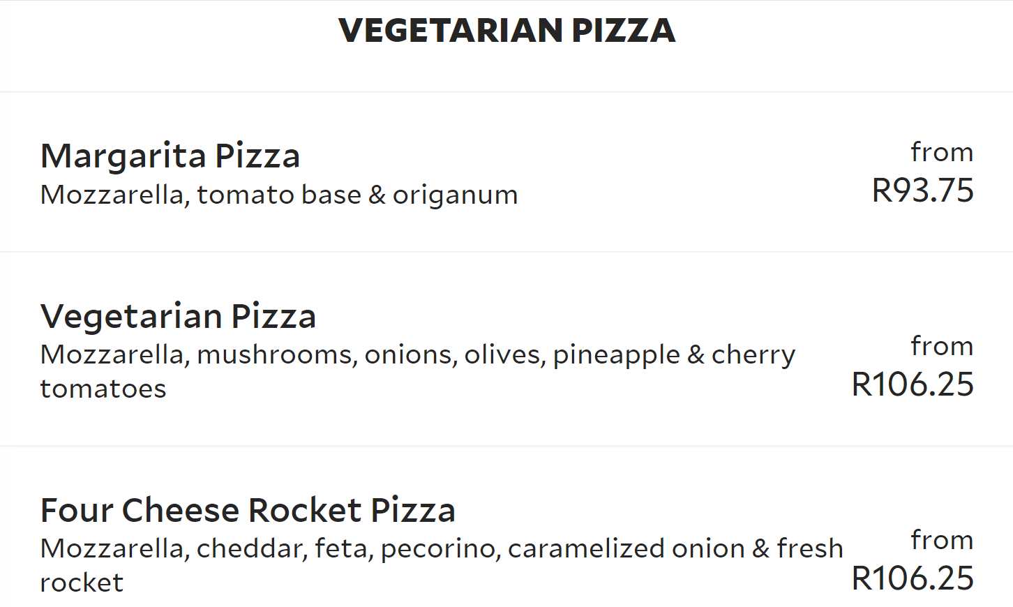 Chippos Vegetarian Pizza Menu 