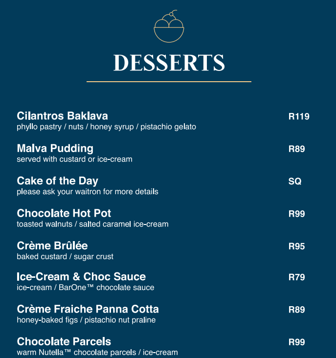 Cilantros Desserts Menu 