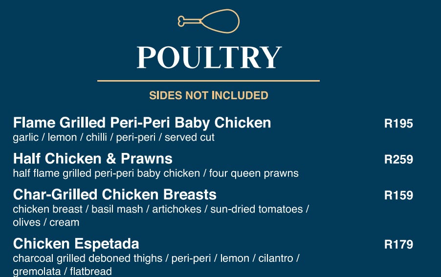 Cilantros Poultry Menu 